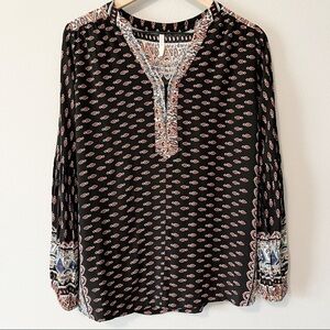 RAGA Bohemian Black Aztec Print Long Sleeve Peasant Top Size XS Balloon Sleeves